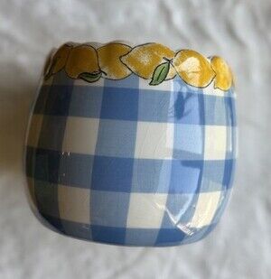 Lemon And Blue Gingham 5" Flower Pot Plant Pot With Drainage Plug
